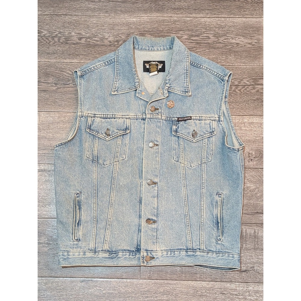 Vintage Harley Davidson Denim Vest Light Wash Bar & Shield Logo Mens Medium Pin